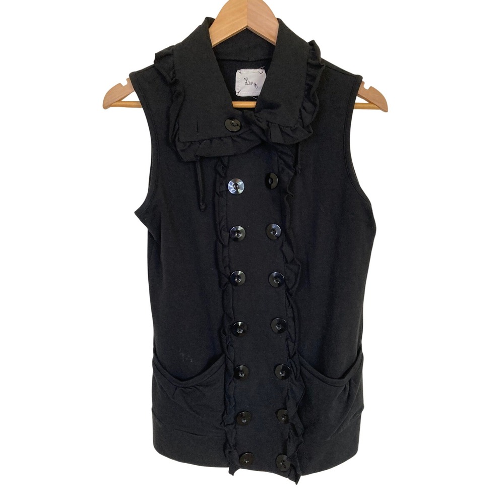 Linq Black Double Breasted Ruffle Vest Sleeveless Cotton Modal Blend M